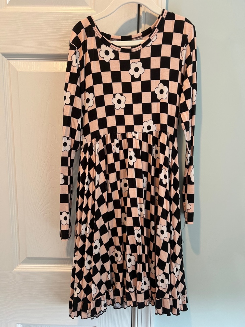 Girls' Black and Light Pink Checkered Floral Long Sleeve Dress
